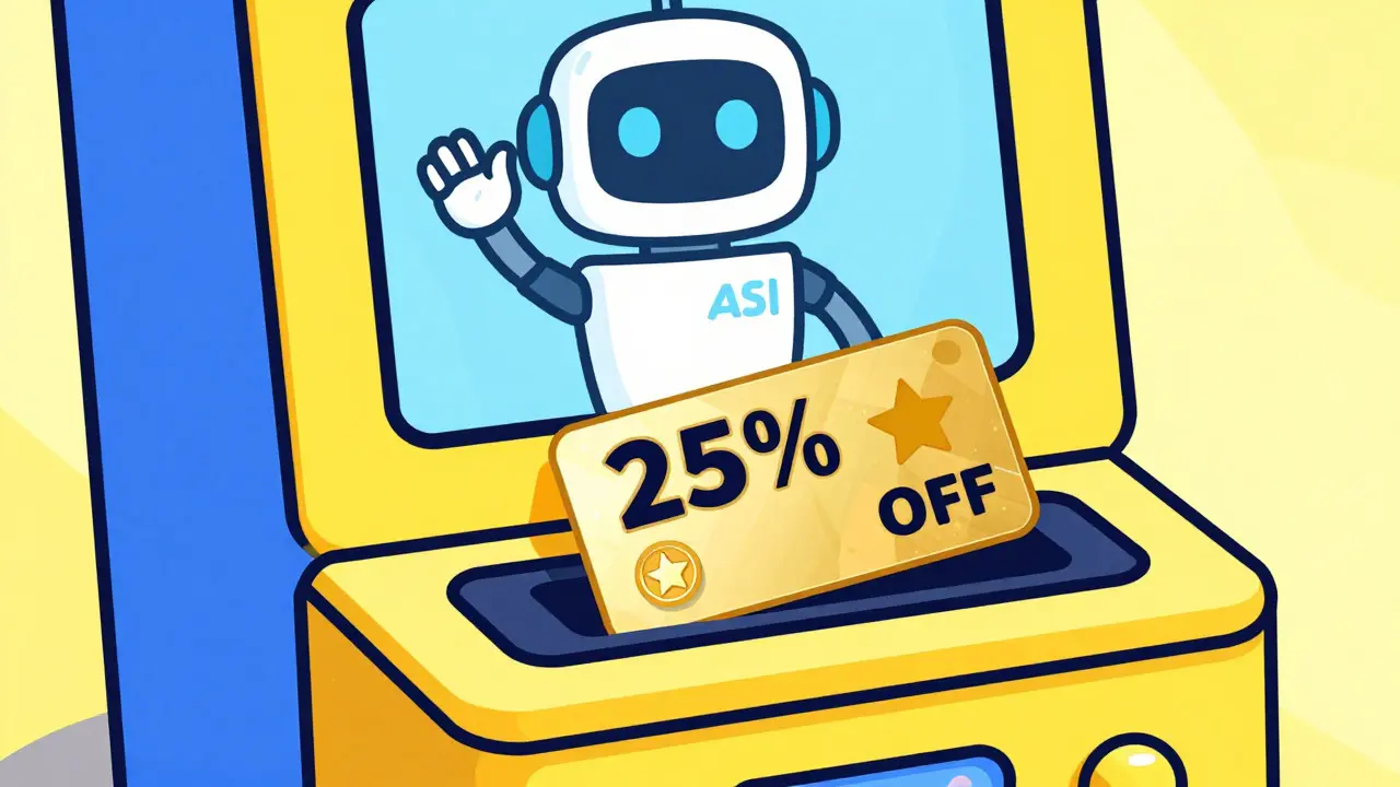 Cartoon character inserting token card to unlock 25% discount