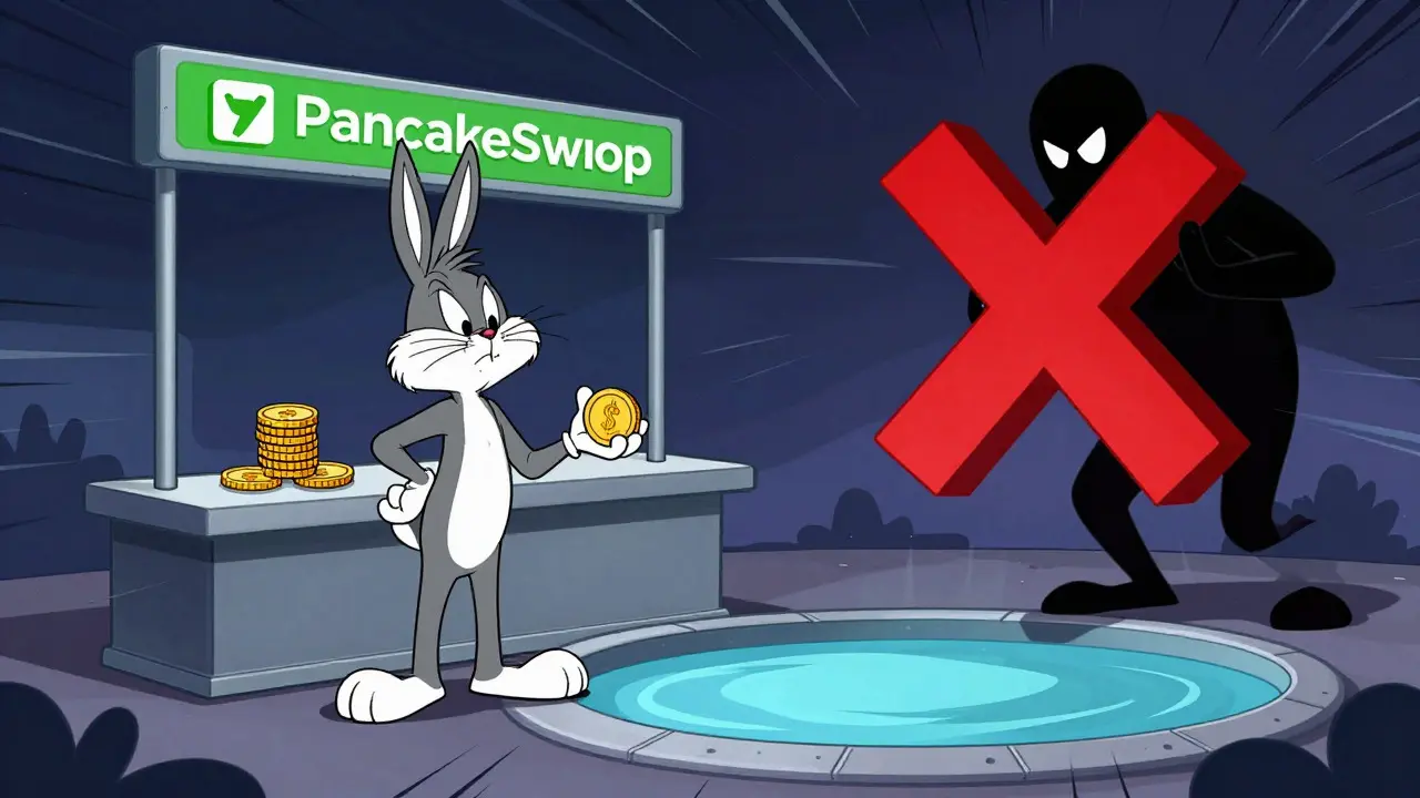 Cartoon character trapped at DEX counter unable to sell coins due to low liquidity