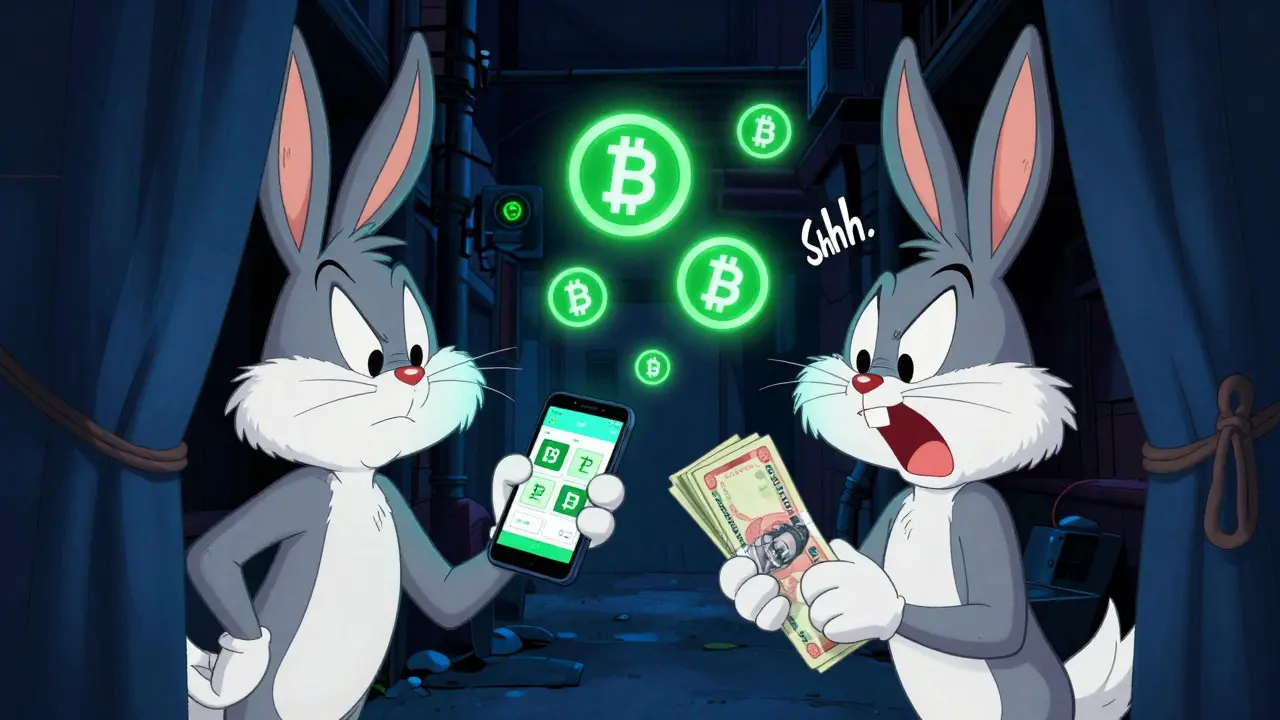 Cartoon characters secretly trading crypto for cash in an alley