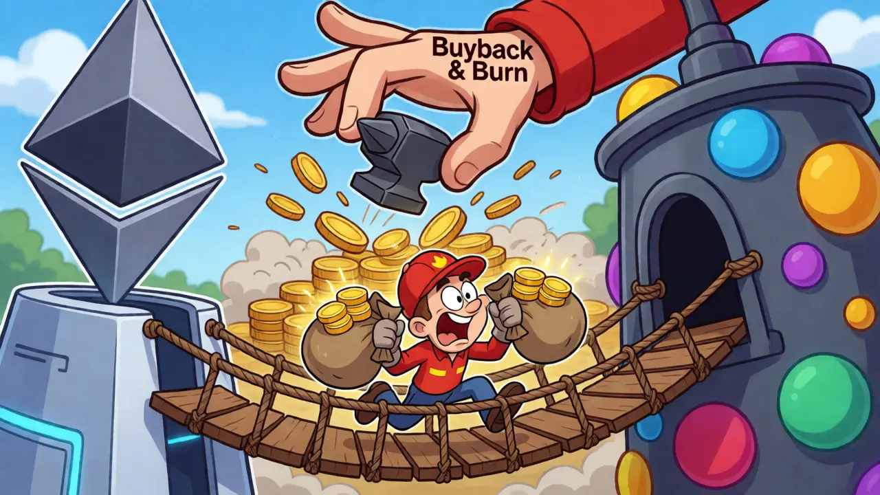 Cartoon engineer bridging tokens while buyback anvils drop nearby.