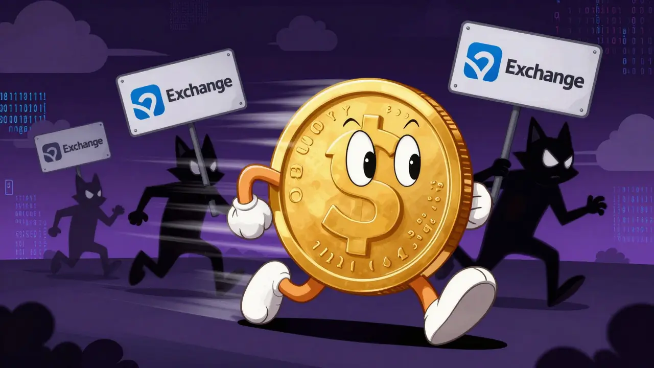 Cartoon golden coin being chased by deceptive foxes in a digital landscape