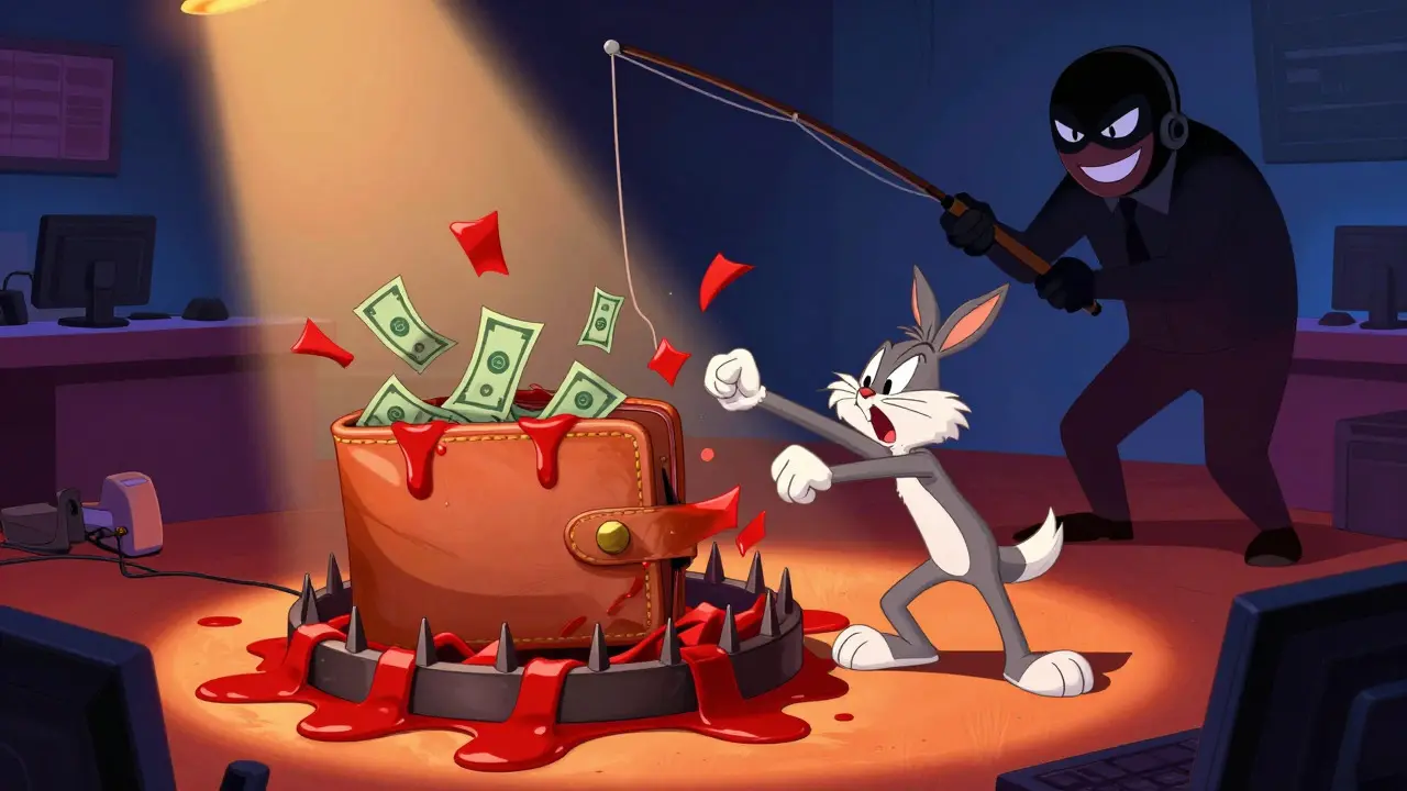 Cartoon of a trader stuck in a withdrawal trap with a scammer looming
