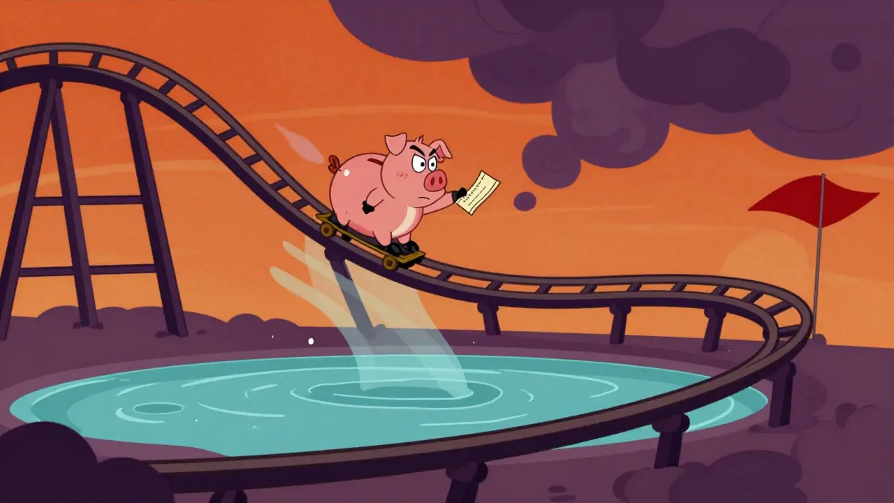 Cartoon piggy bank on volatile rollercoaster over low liquidity