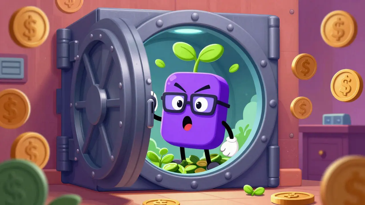 Cartoon token character locking itself in a vault while sprouts grow, symbolizing staking rewards