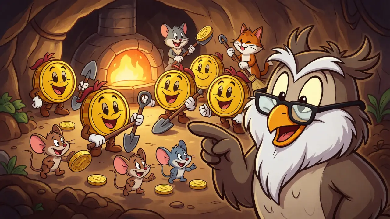 Cheerful token characters farming rewards in a warm underground cave.