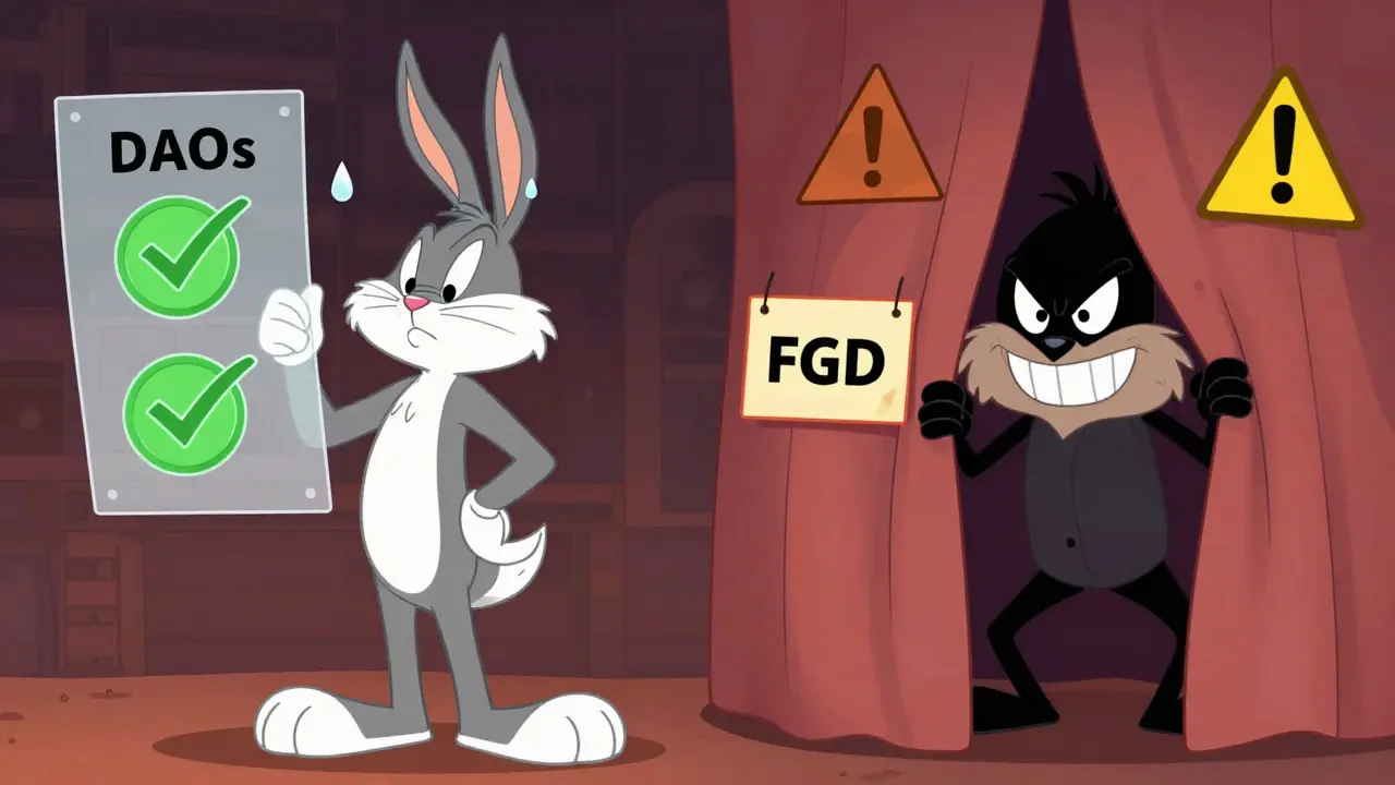 Comparison cartoon showing legitimate DAO vs shady FGD token with warning signs