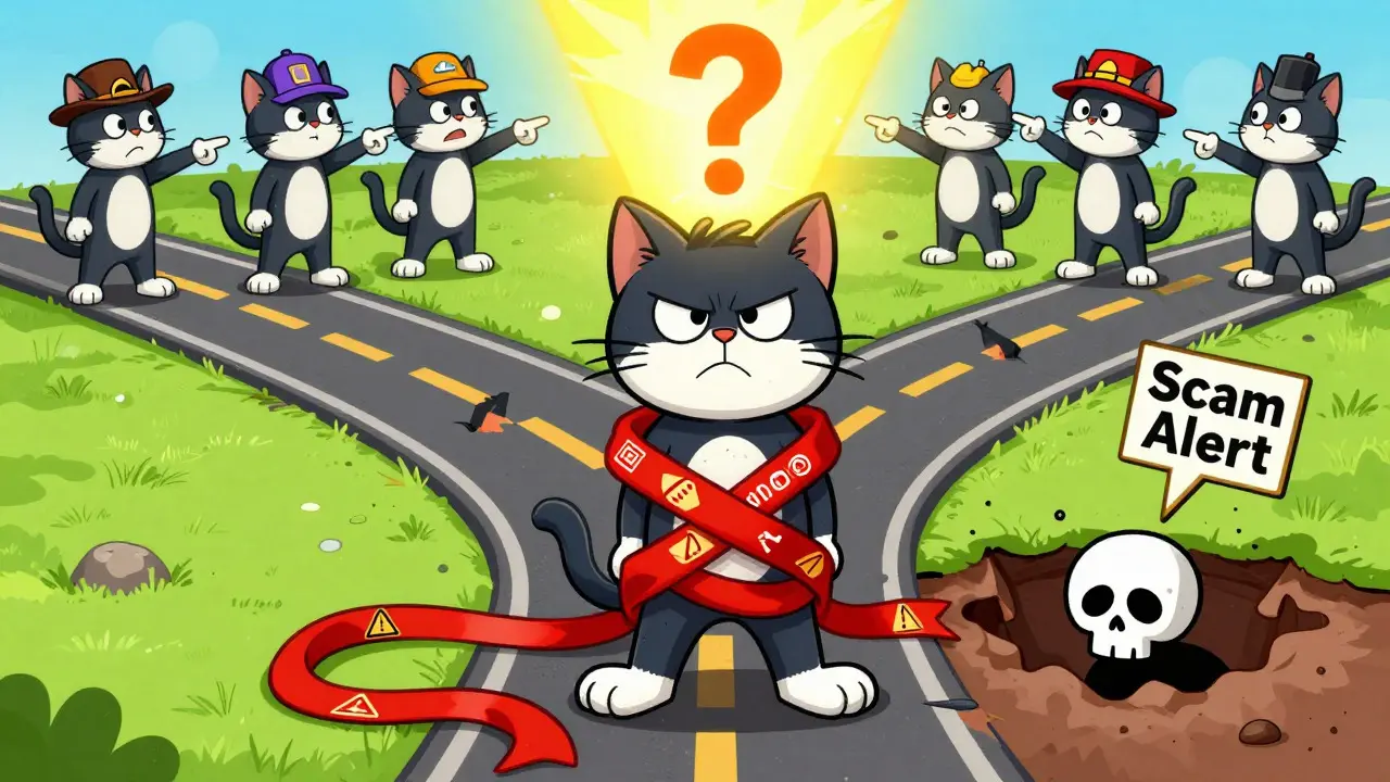 Confused cartoon cat tangled in red tape facing multiple risky paths