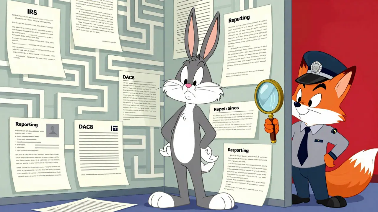 Confused character overwhelmed by mountain of crypto tax paperwork and audits