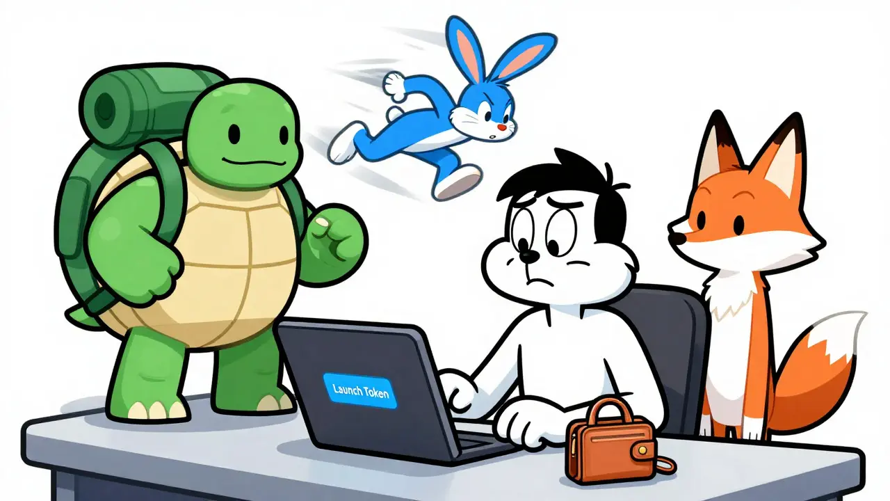 Creator choosing between personified blockchain characters on a tablet screen