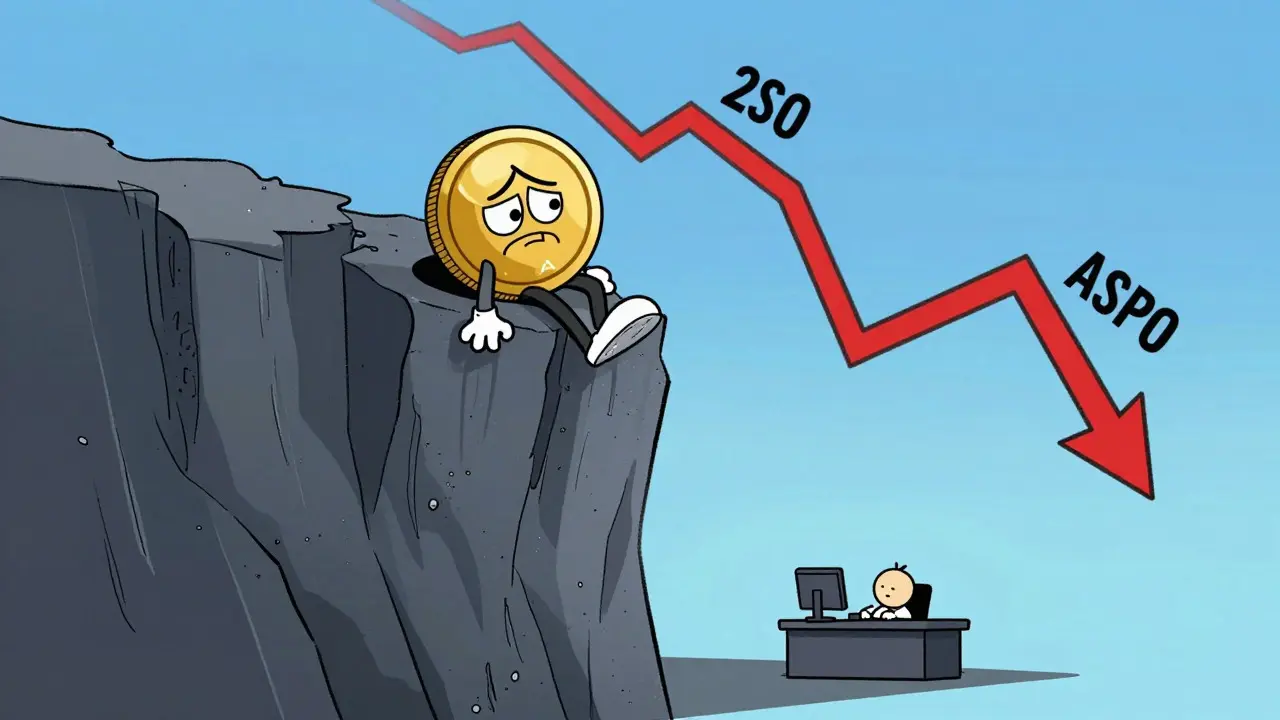 Deflated token character sliding down a steep price cliff