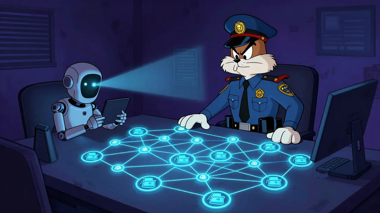 Detective and robot analyzing a glowing web of connected blockchain nodes