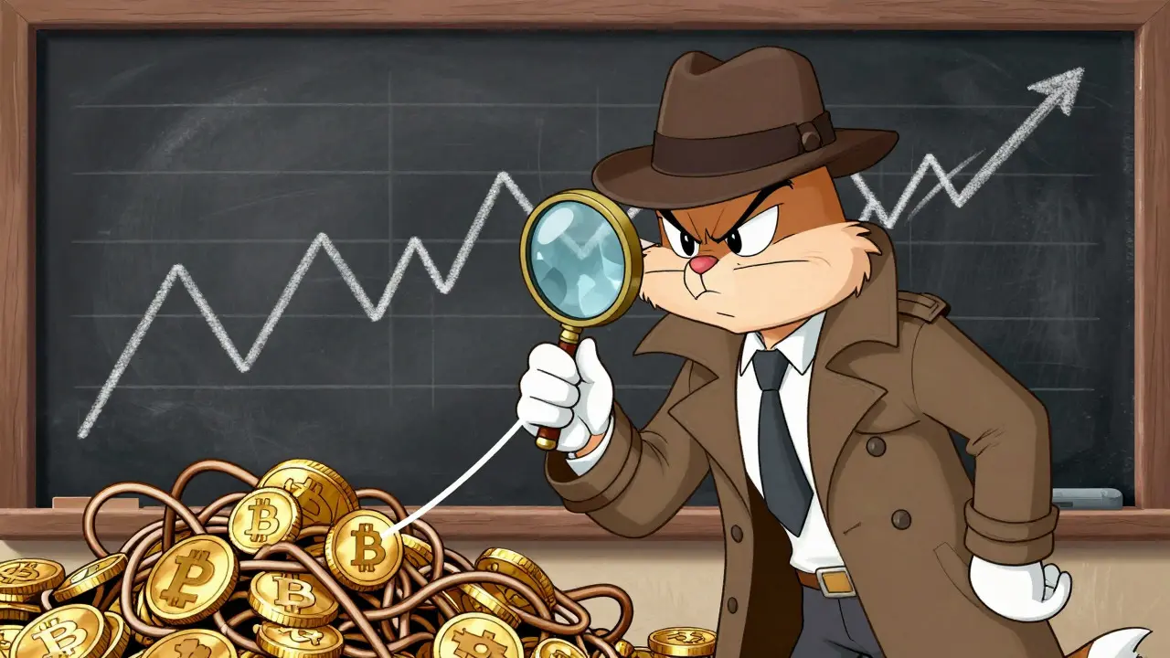 Detective Bitcoin character analyzing a tangle of coins with a magnifying glass