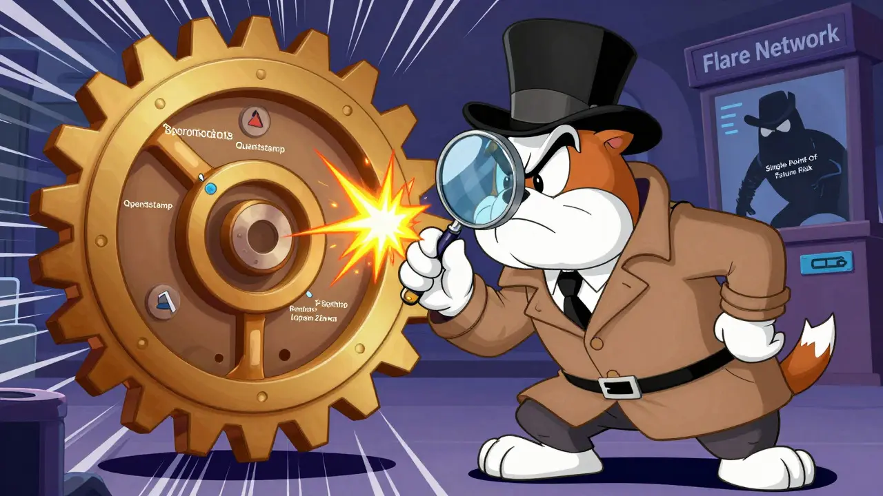 Detective inspecting smart contract gears with security badges, highlighting audit rigor and risks.