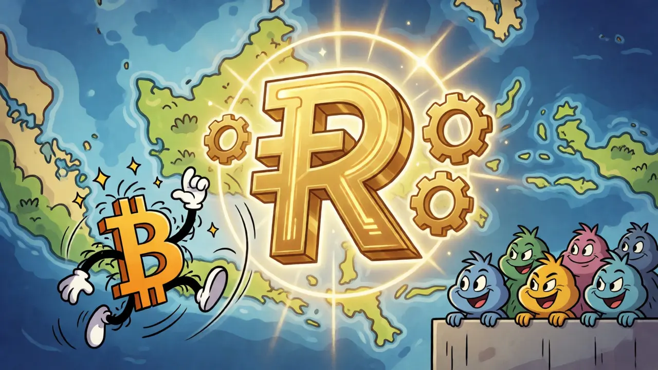 Digital Rupiah blocking Bitcoin entry in a playful financial landscape.