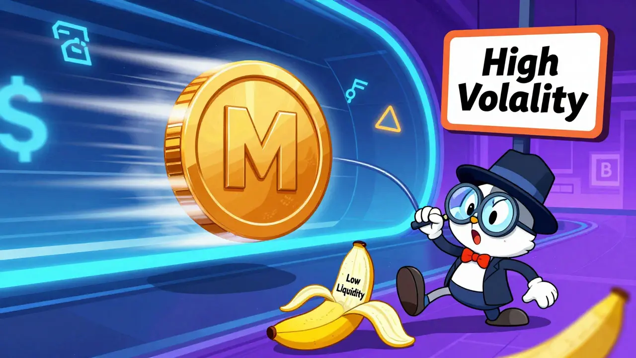 Fast-moving crypto token zooming past a confused investor slipping on low liquidity