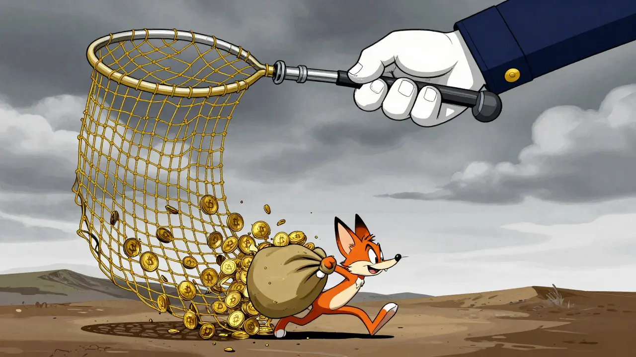 Giant police net descending to catch a fox running with a sack of coins