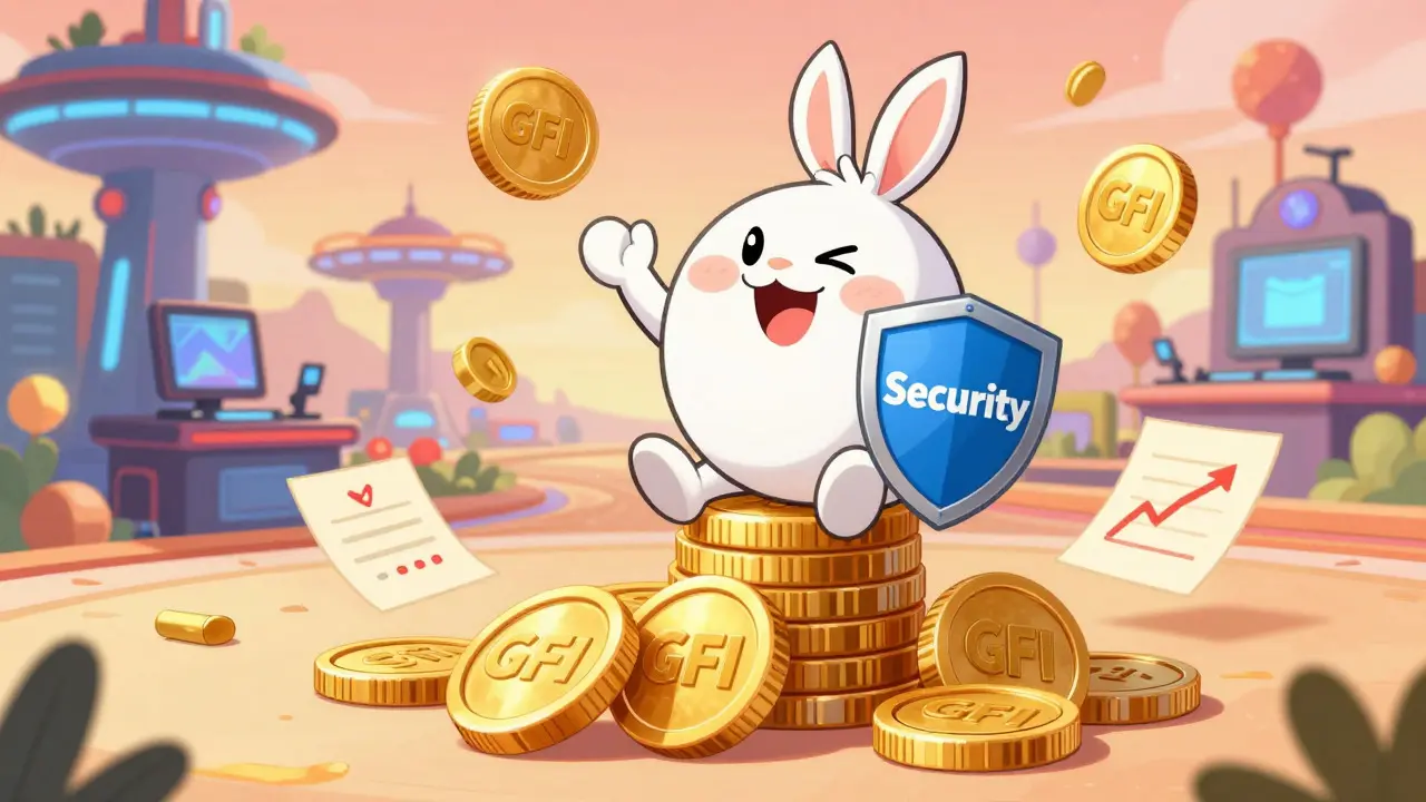 Happy cartoon character staking GFI tokens for rewards