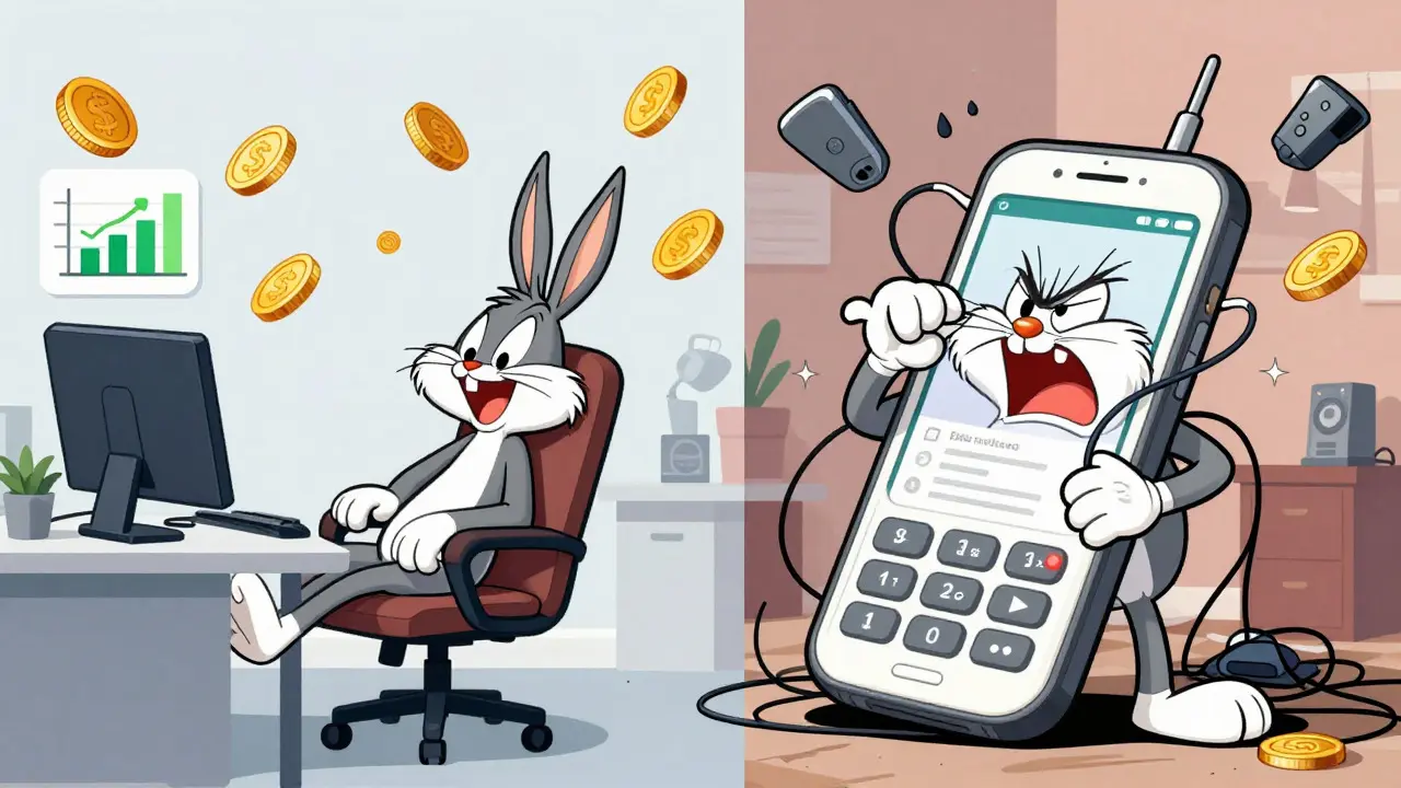 Happy user on desktop vs frustrated user on clunky mobile phone, illustrating UX differences.
