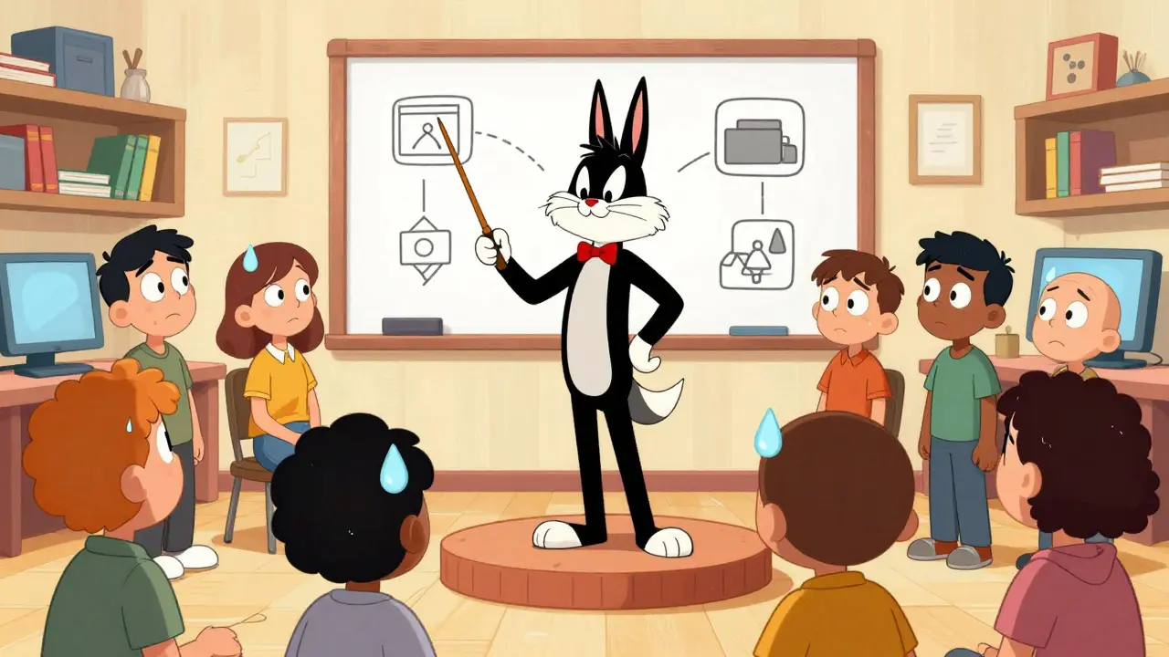 Illustration of a community workshop teaching crypto basics with animated characters