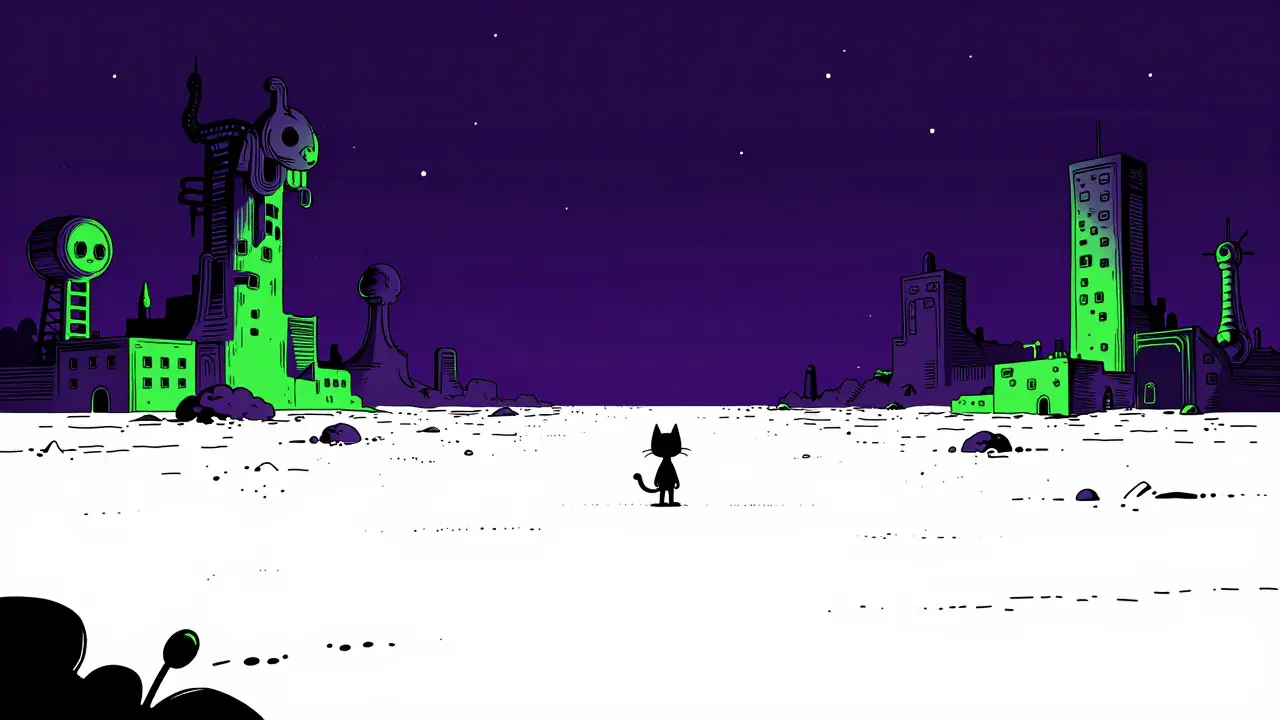 Lonely cartoon cat standing in an empty, unfinished virtual metaverse