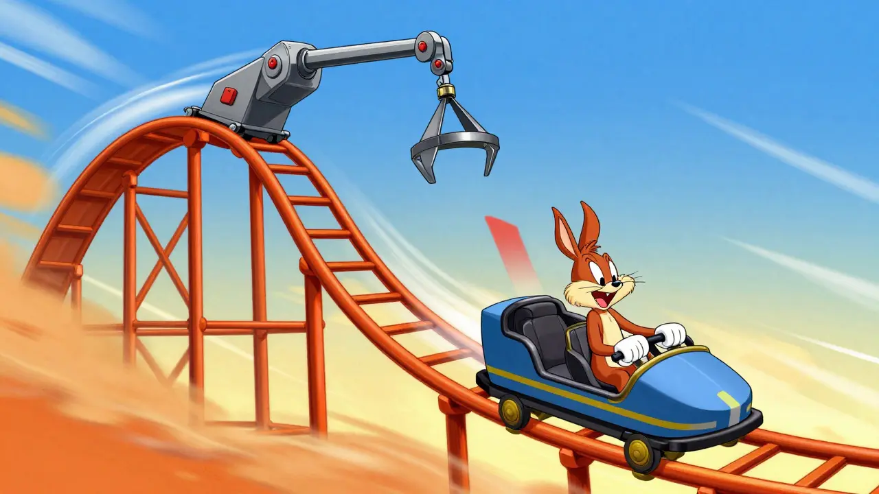 Looney Tunes style character riding a rising chart track with a trailing stop mechanism following