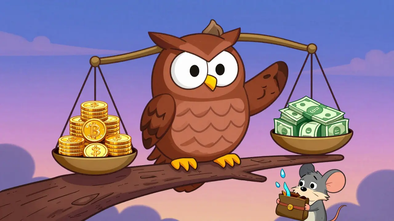 Owl balancing PERA tokens against gas fees on a blockchain branch