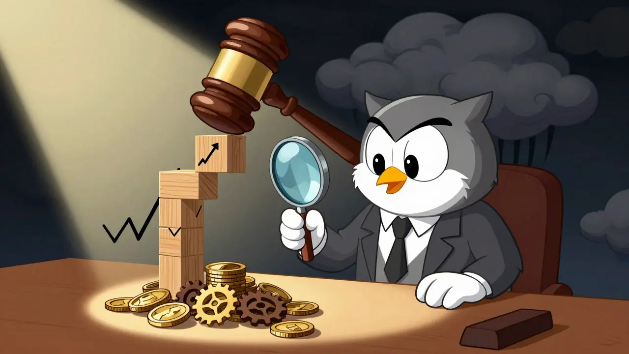 Owl character analyzing coins under a magnifying glass while a gavel cloud looms in background