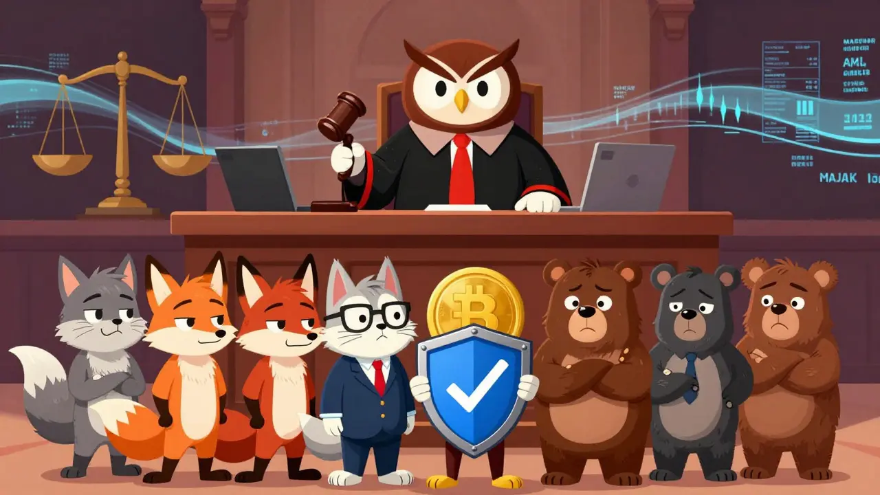 Owl judge overseeing nervous animals in a regulatory courtroom scene