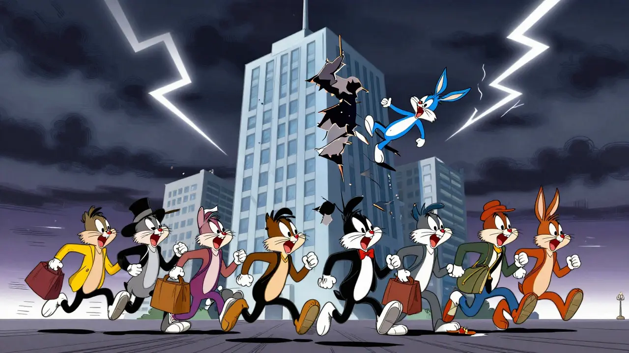 Panic-stricken cartoon coins fleeing a crumbling building during a market crash