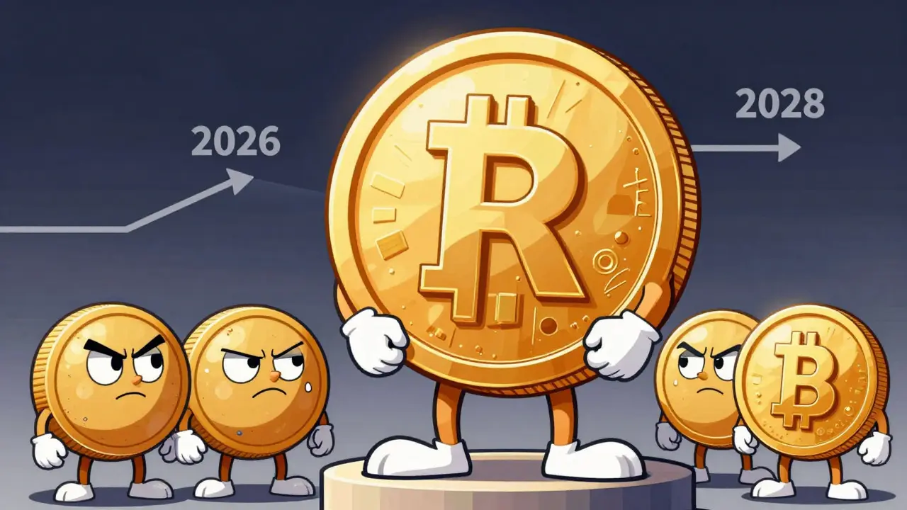 Personified Digital Ruble coin standing confidently on a podium