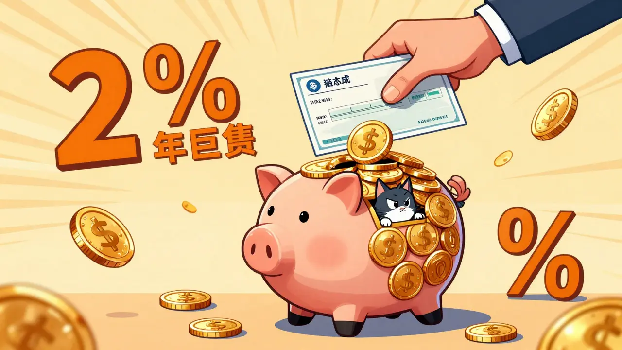 Piggy bank filling with coins while a worried cat looks on inside