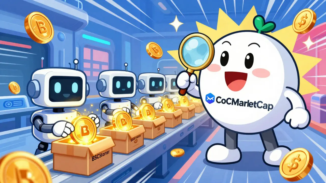 Robots sorting tokens in a colorful factory launch scene
