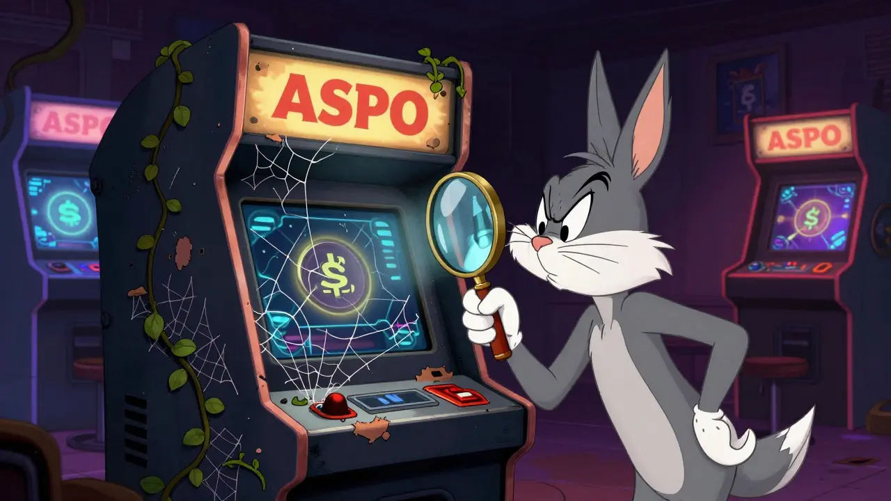 Skeptical investor examining a dusty, abandoned ASPO arcade