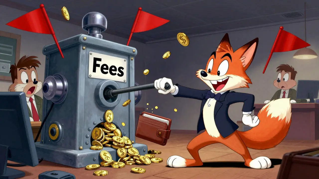 Sneaky fox manipulating a fee machine in a chaotic office