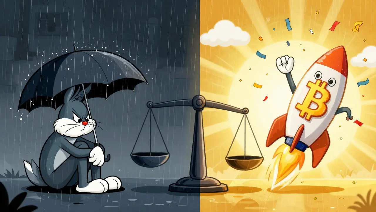 Split scene showing sad and happy Bitcoin characters representing market cycles