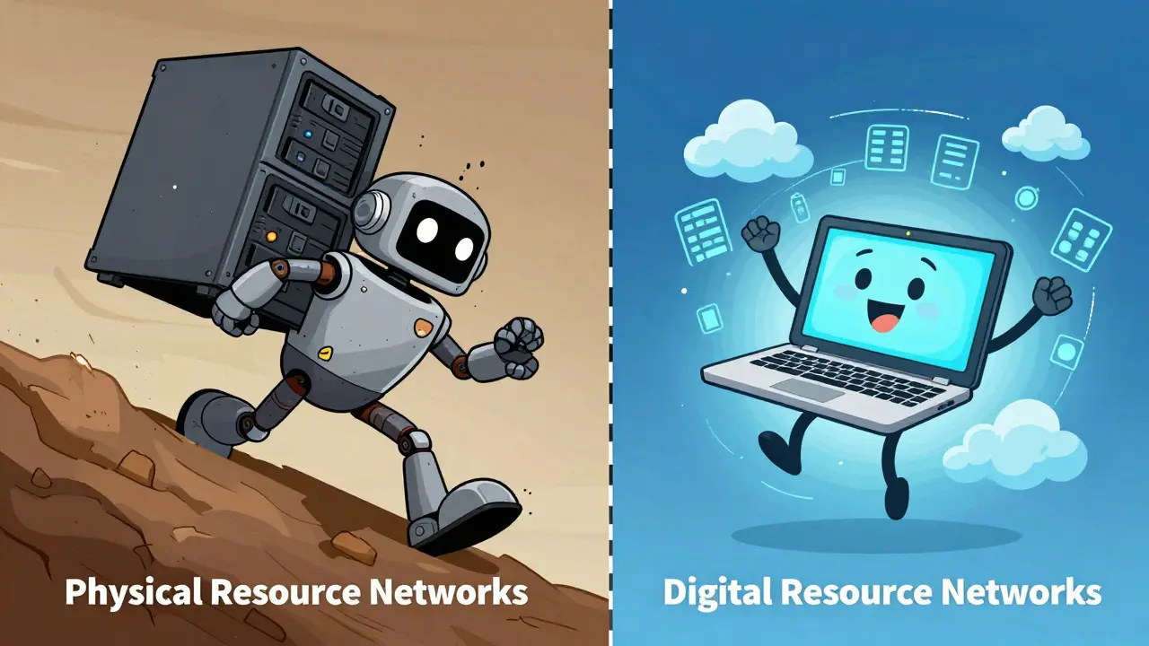 Split-screen cartoon showing a robot carrying servers versus a floating laptop with data