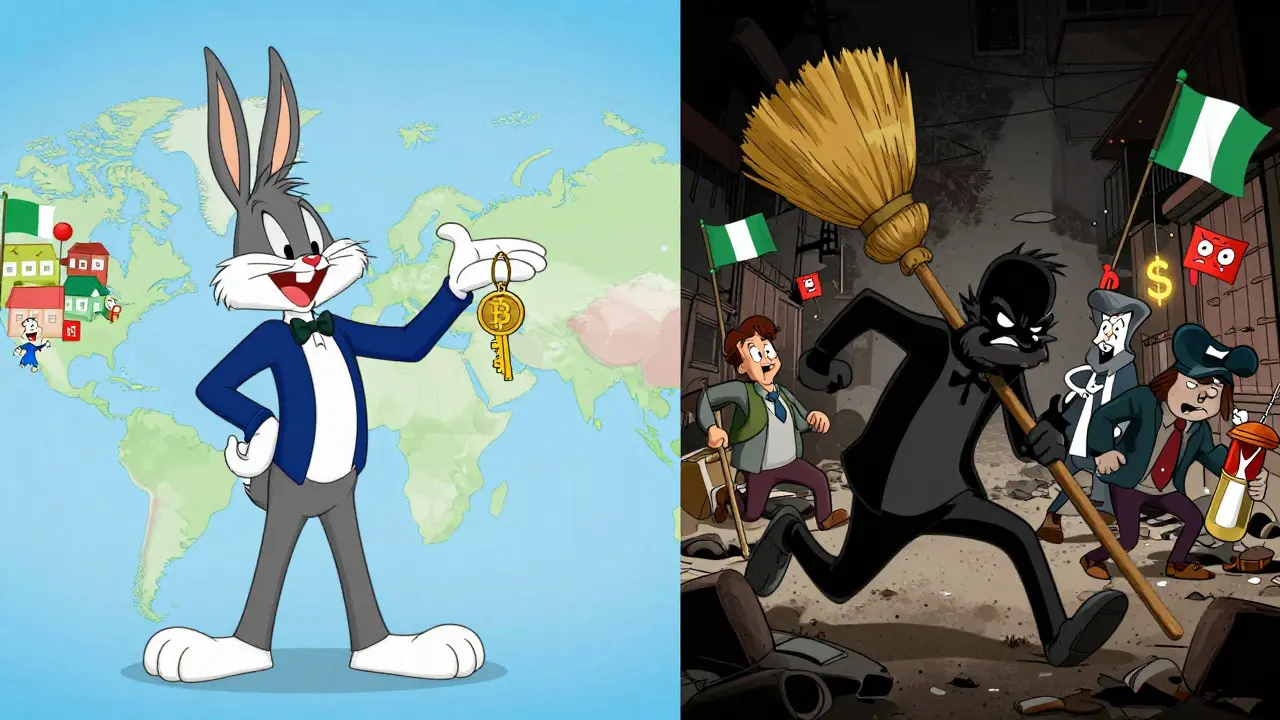 Split screen cartoon showing friendly crypto banks on one side and restrictive bans on the other