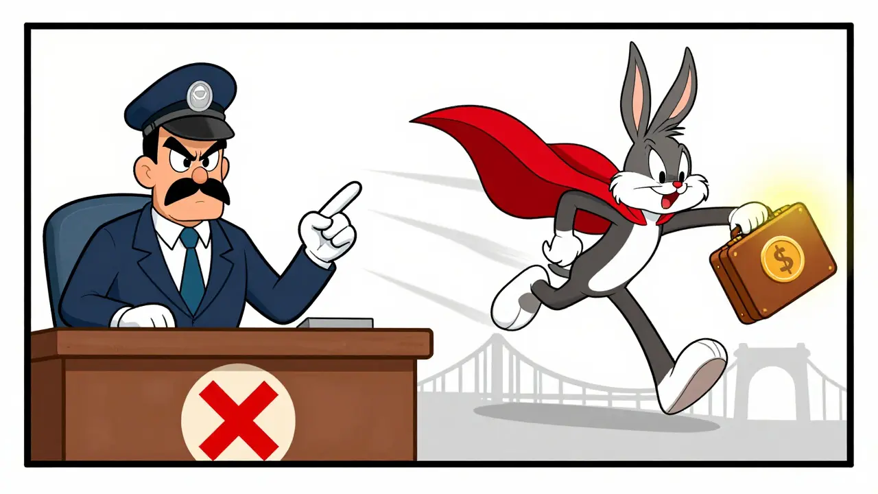 Split-screen cartoon showing government enforcement versus a hero using stablecoins