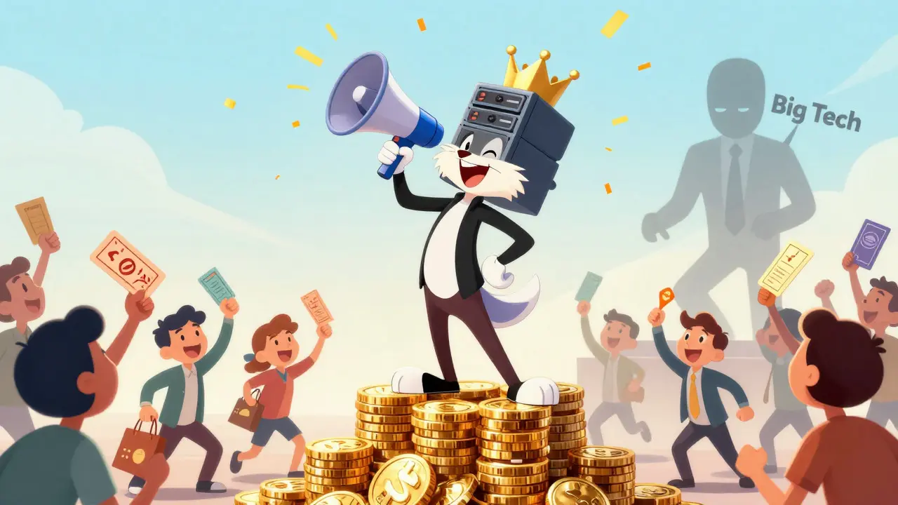Triumphant creator celebrating with community while pushing away big tech