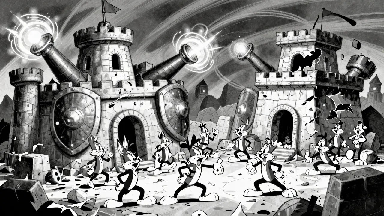 Two cartoon Greek cities battling with shields and catapults in a game