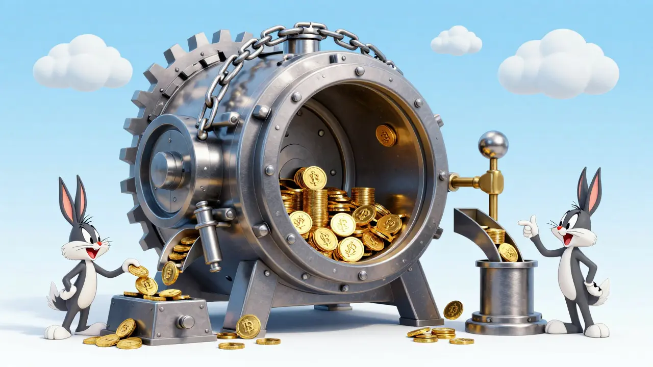Whimsical machine illustrating tokenomics with a vault, gears, and characters managing rewards