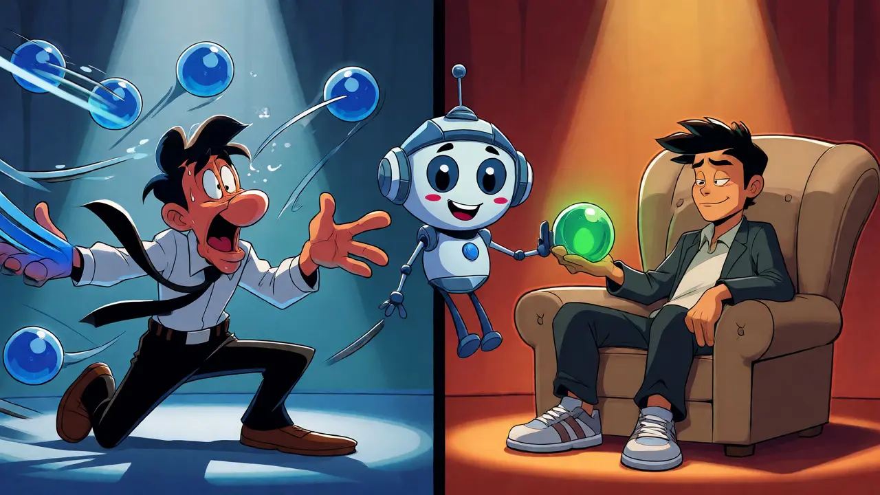 A cartoon comparison showing chaotic trading versus stable gameplay mechanics.