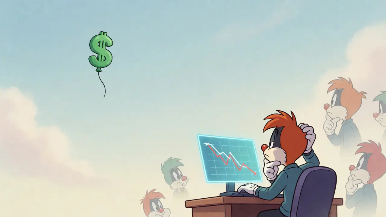A gamer contemplating a downward trending chart as a deflated money balloon falls.