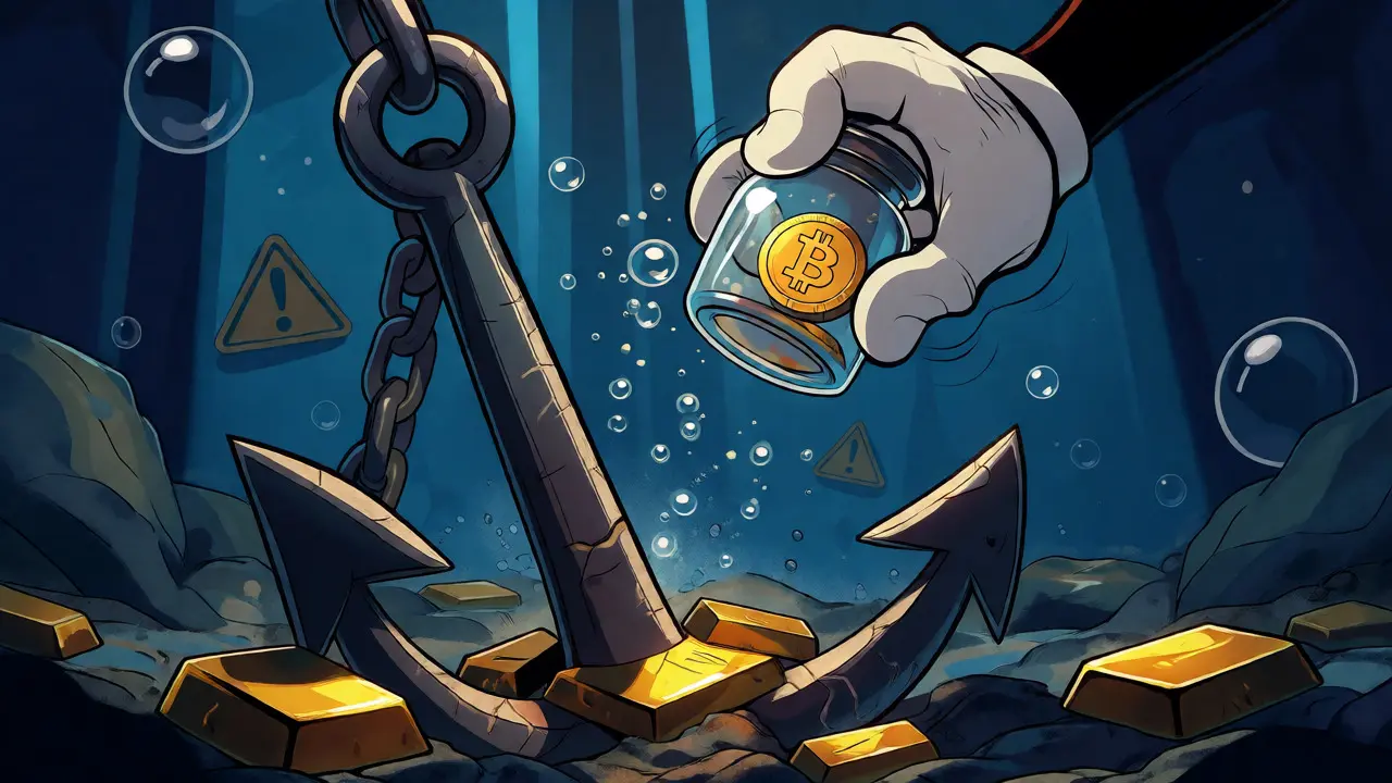 A golden anchor sinks toward a fragile glass jar holding a Bitcoin in deep blue water.