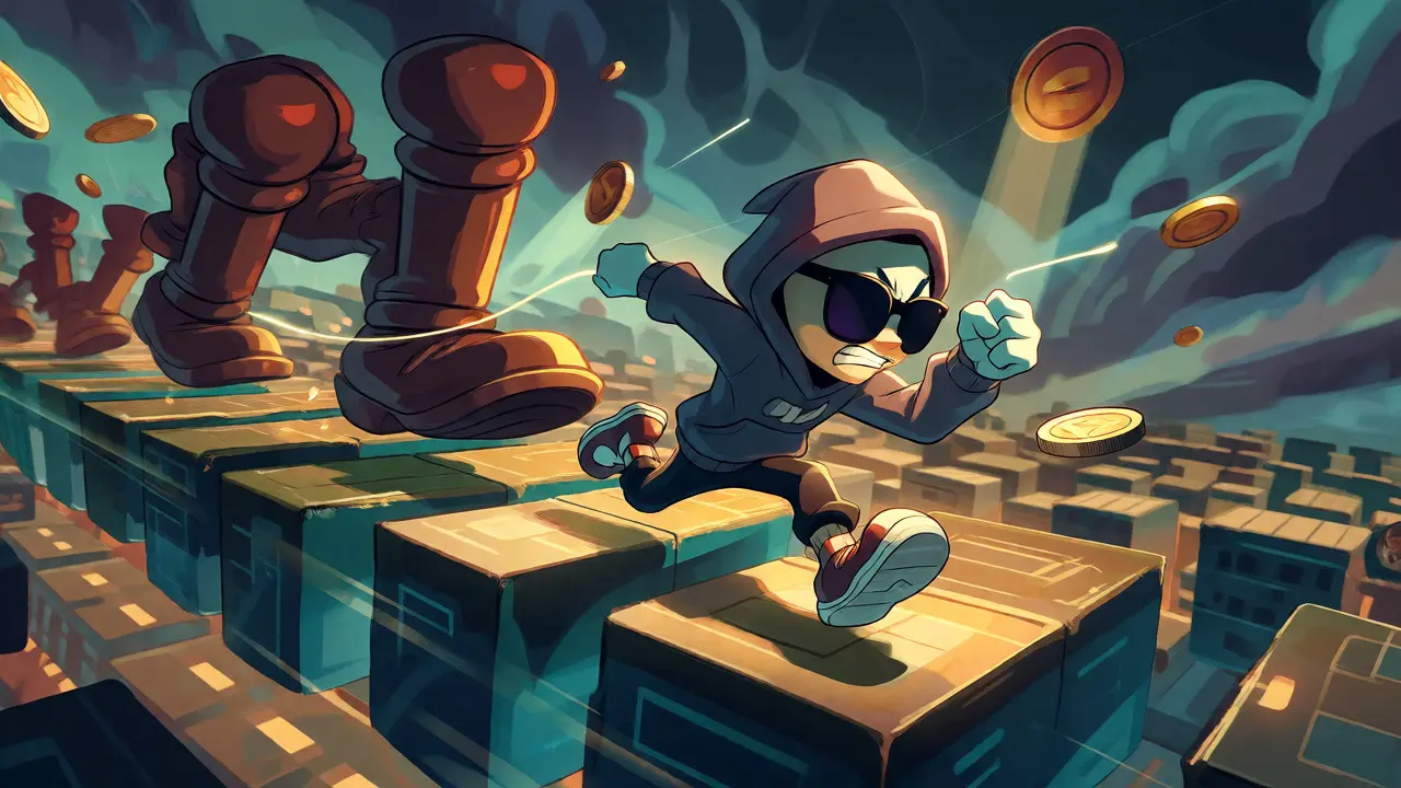 A hooded figure sprints away from giant regulatory stamps using a digital tether.