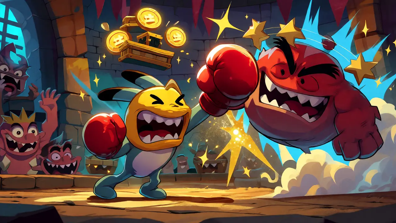 A small monster winning a boxing match against a boss in a fantasy dungeon.