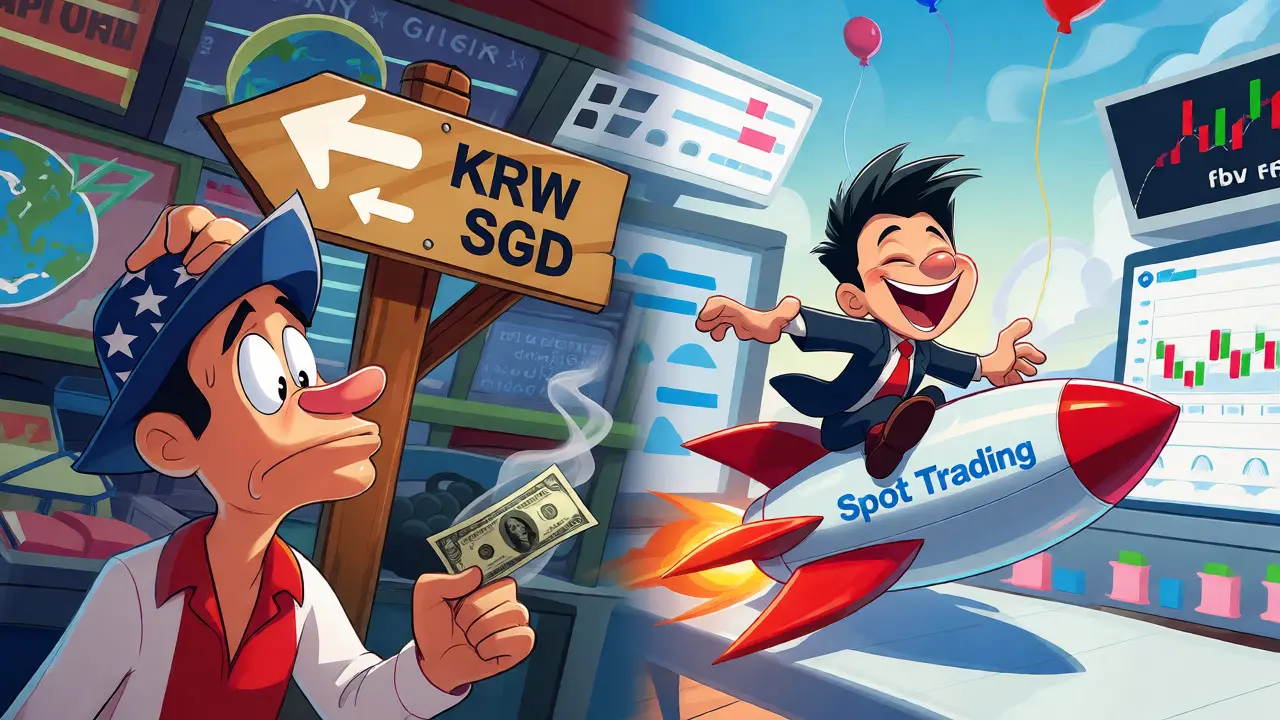 A split-scene cartoon showing a confused global user facing currency limits alongside a satisfied local spot trader.
