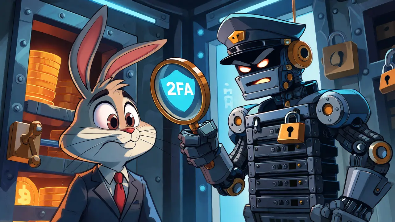 An animated investor undergoing strict security checks by a robot guard, symbolizing Upbit's rigorous KYC process.