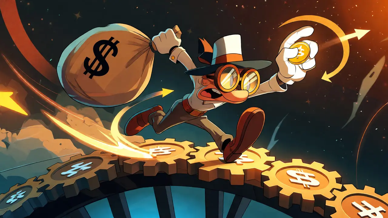Animated trader sprinting across smart contract gears during a fast DeFi transaction