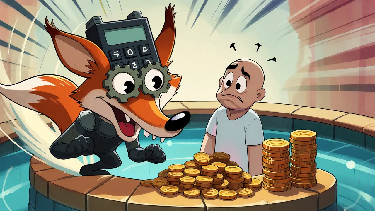 Arbitrage bot zipping around a liquidity pool while a provider watches fees accumulate.
